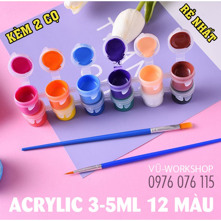 Bộ 12 Màu Vẽ Acrylic 3ml Kèm 2 Cọ Vẽ - Màu Acrylic Mini Vẽ Áo, Tô Tượng, Vẽ 3D, Giày, Thủy Tinh, Gỗ