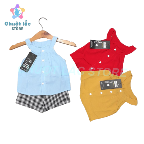 Bộ quần áo bé gái chất đũi kiểu cổ yếm quần ca rô cho bé từ 7kg đến 17kg