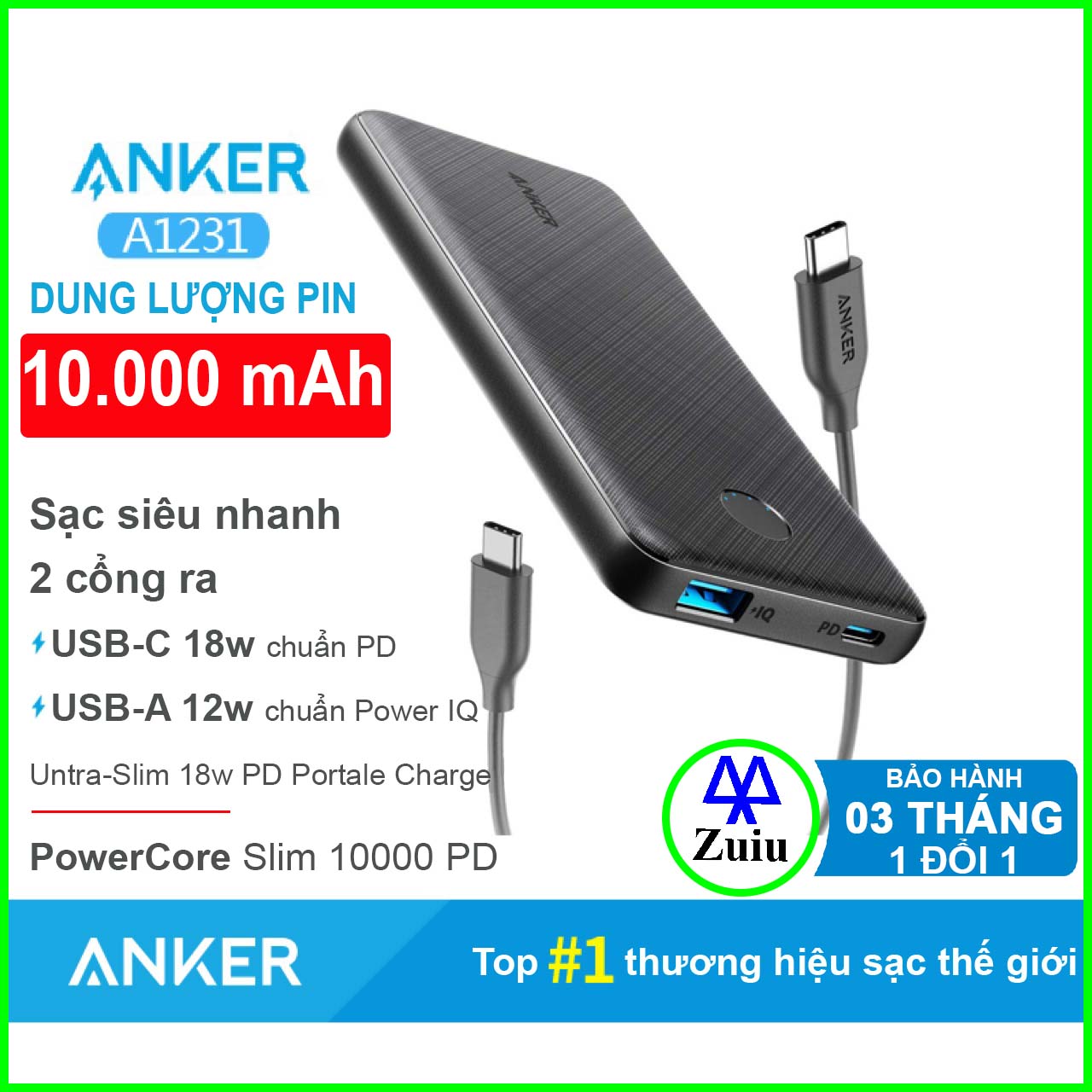 Sạc dự phòng anker pin 10000 mah - sạc nhanh 18w - cổng usb type c chuẩn pd 3.0 - nobox