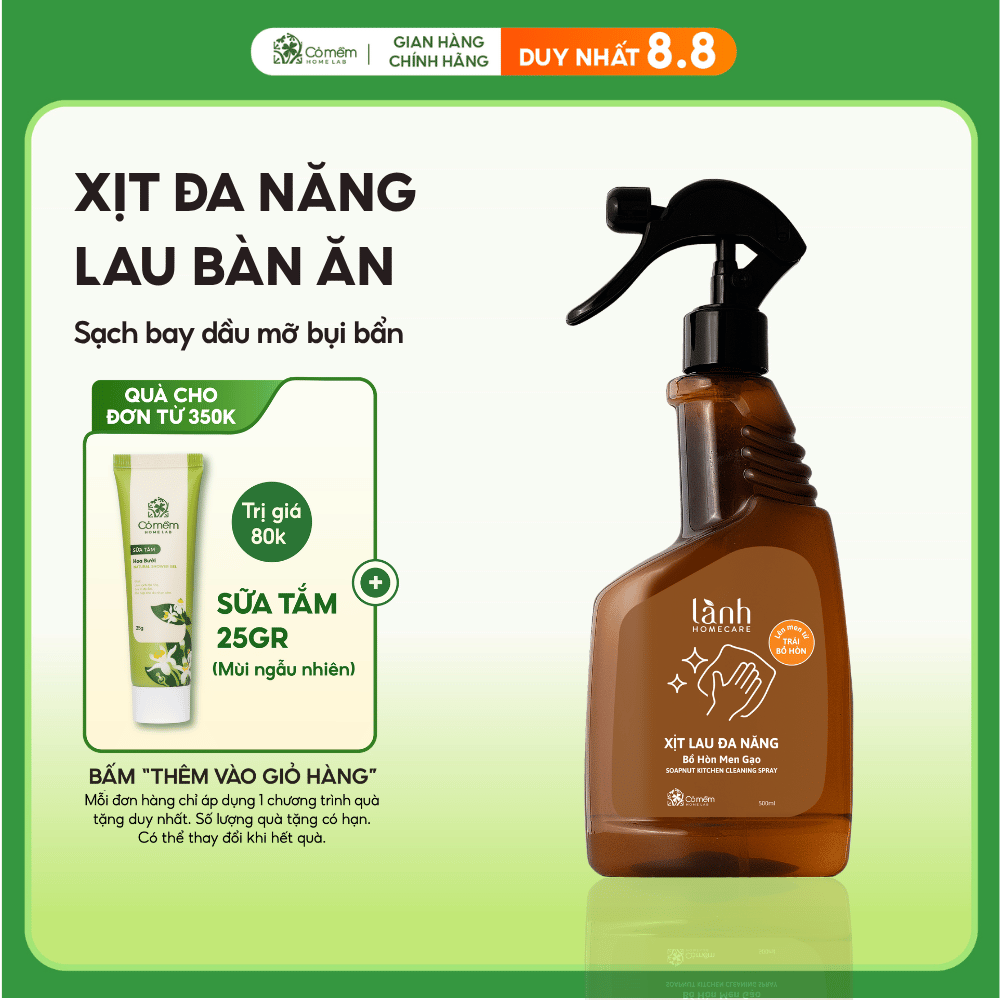 Nước Lau Bếp Lau Bàn Ăn Xịt Kính Đa Năng Bồ Hòn Men Gạo Thiên Nhiên An Lành Homecare Cỏ Mềm 500ml