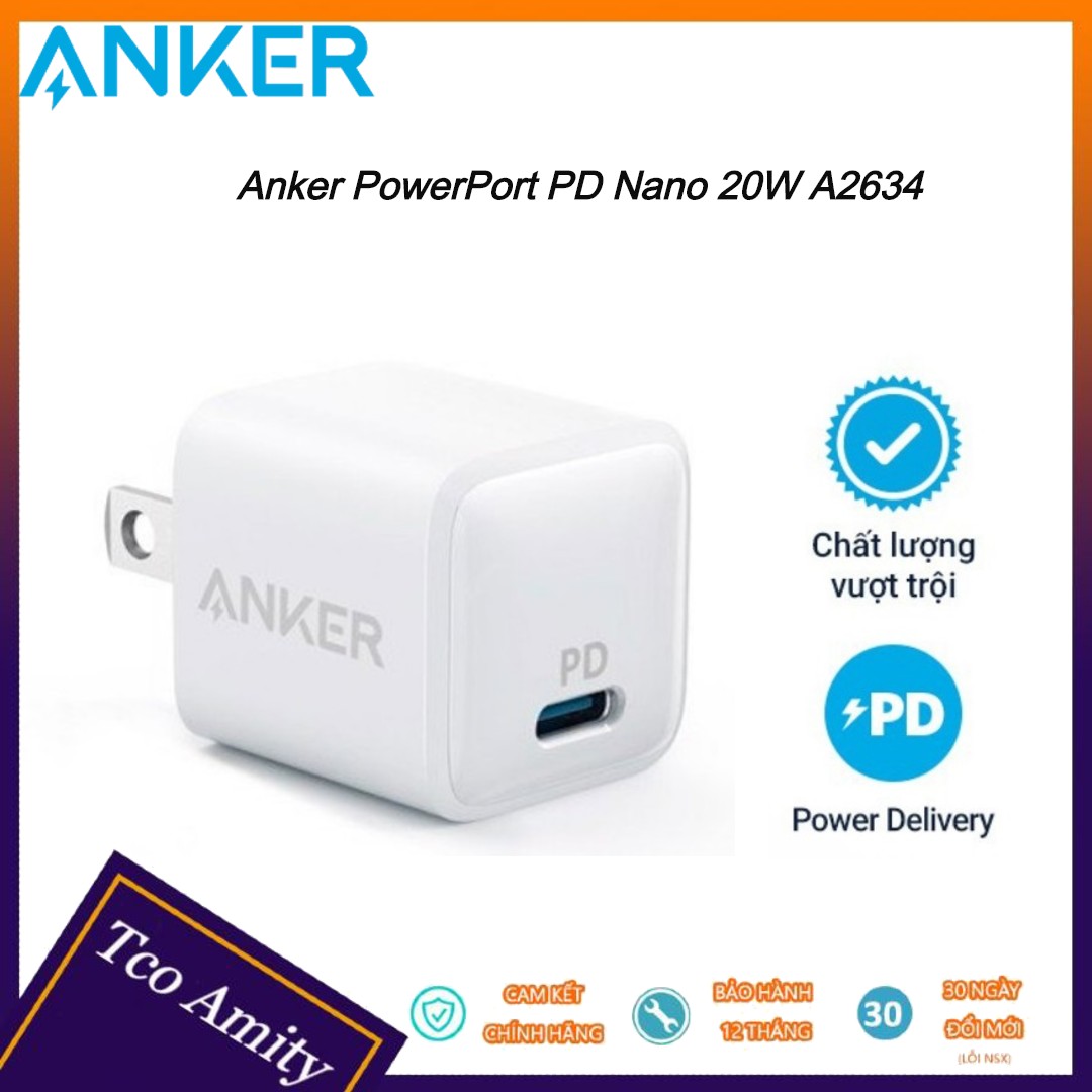 Củ sạc nhanh Anker A2634 PowerPort PD Nano 20W - 1 cổng USB C - Hỗ trợ sạc nhanh cho iphone, ipad - Tco Amity