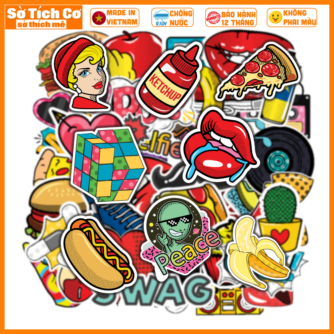 Bộ 50 Sticker PopArt dán điện thoại laptop nón bảo hiểm guitar vali MSP: V10