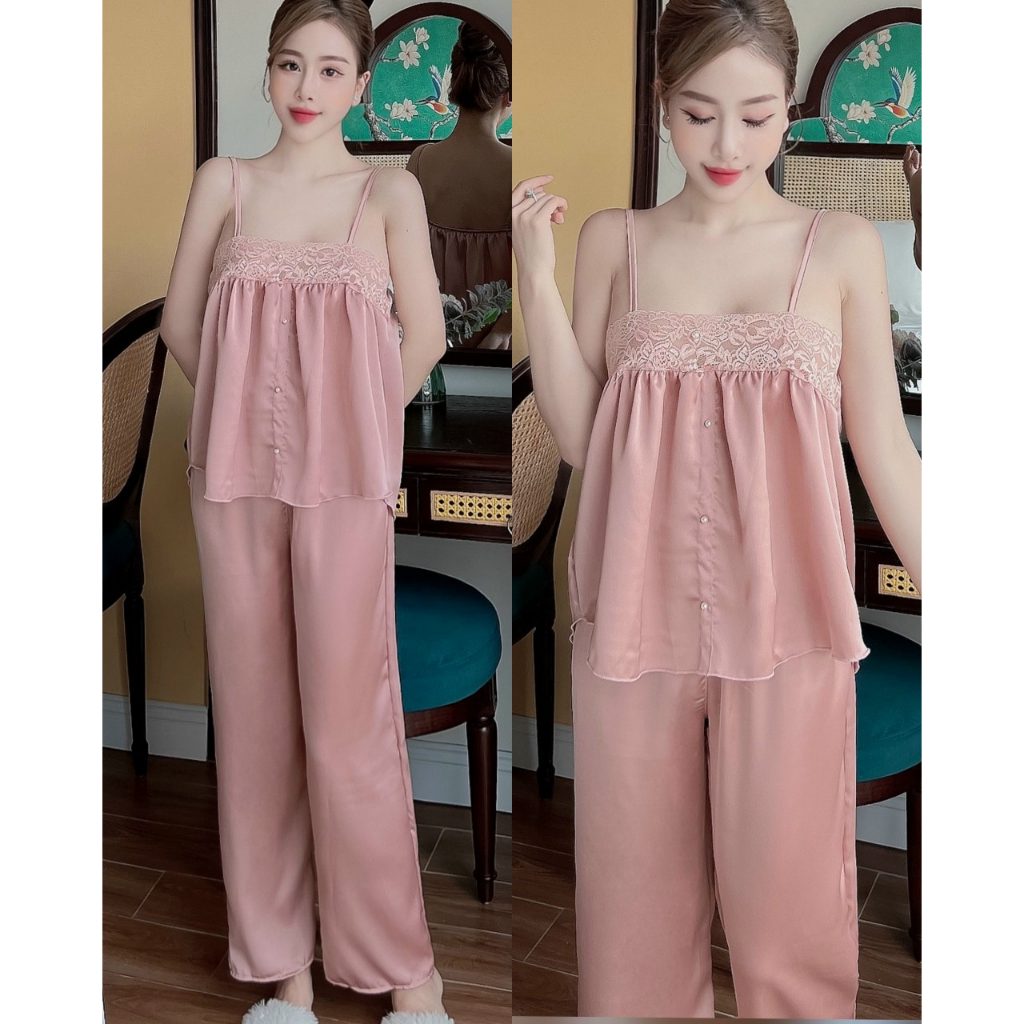Đồ bộ ngủ nữ quần dài 2 dây vải satin freesize 54kg - cn115