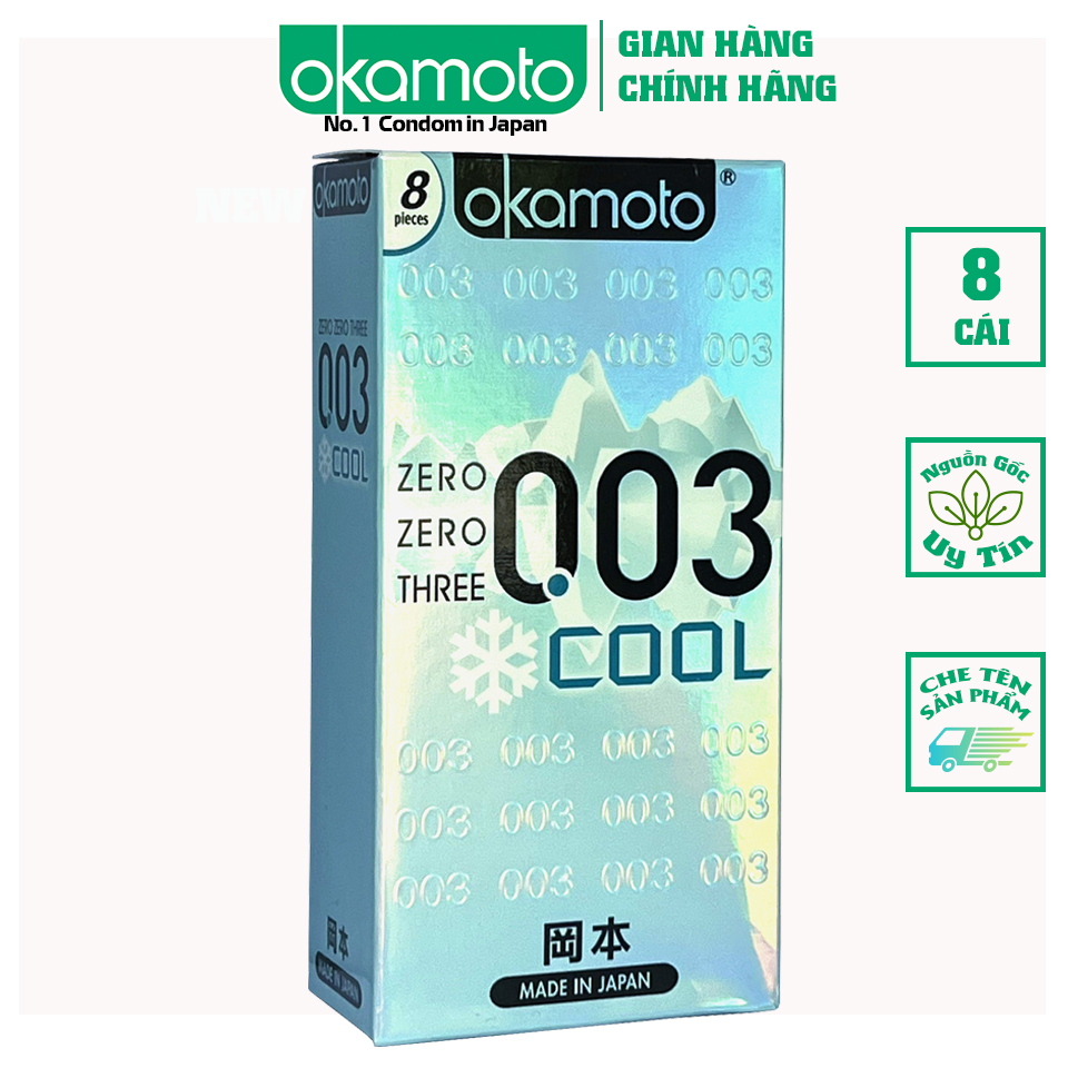 Bao cao su okamoto 0.03 cool siêu mỏng bóng láng mát lạnh hộp 8 cái