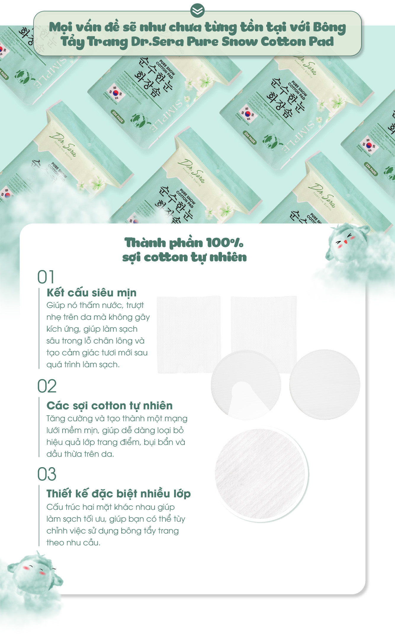 Bông tẩy trang vải cotton mềm mịn Dr.Sera Pure Snow Cotton Pad 150 miếng |  Lazada.vn