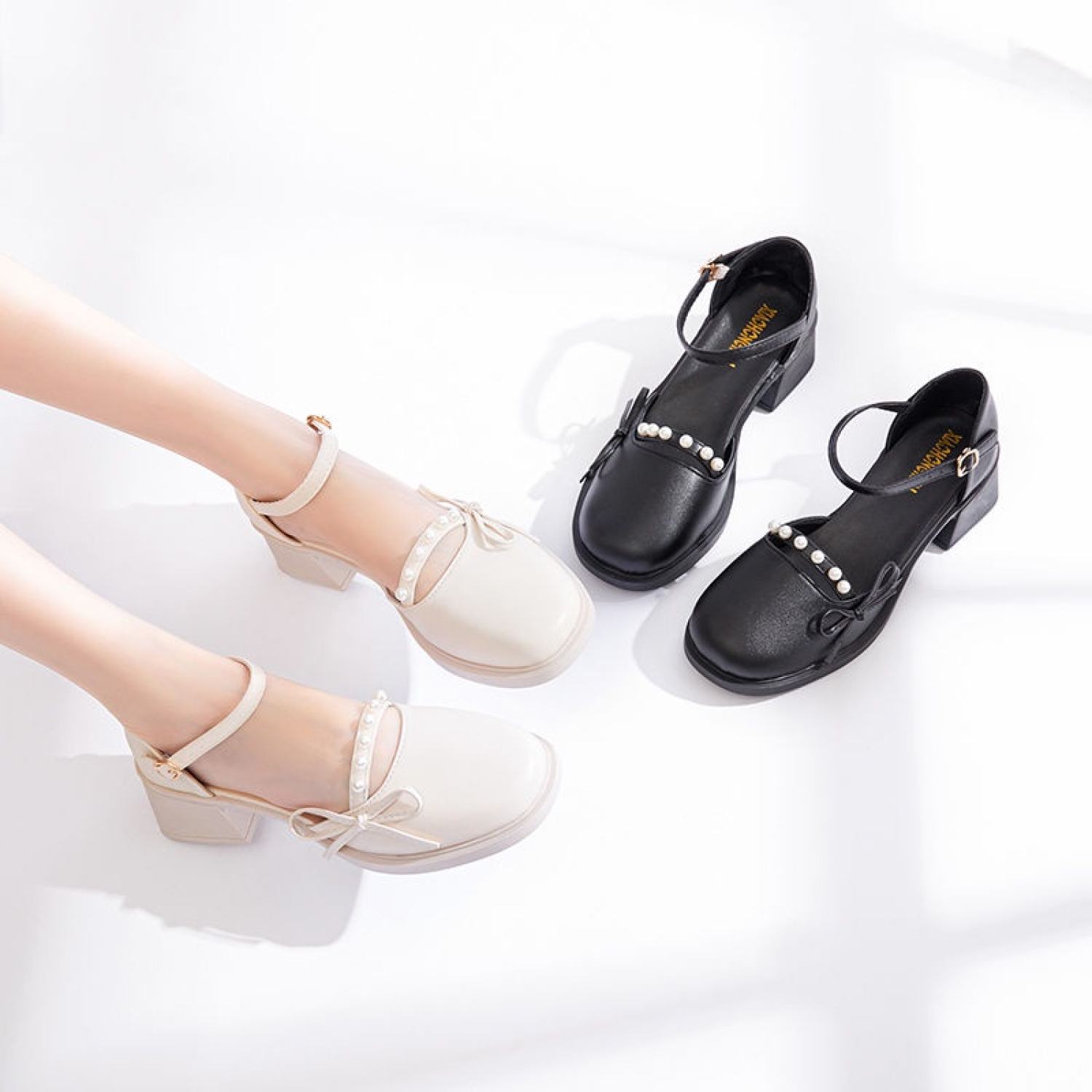 Guốc lolita sandal nữ bít mũi đính nơ cao gót 3 phân