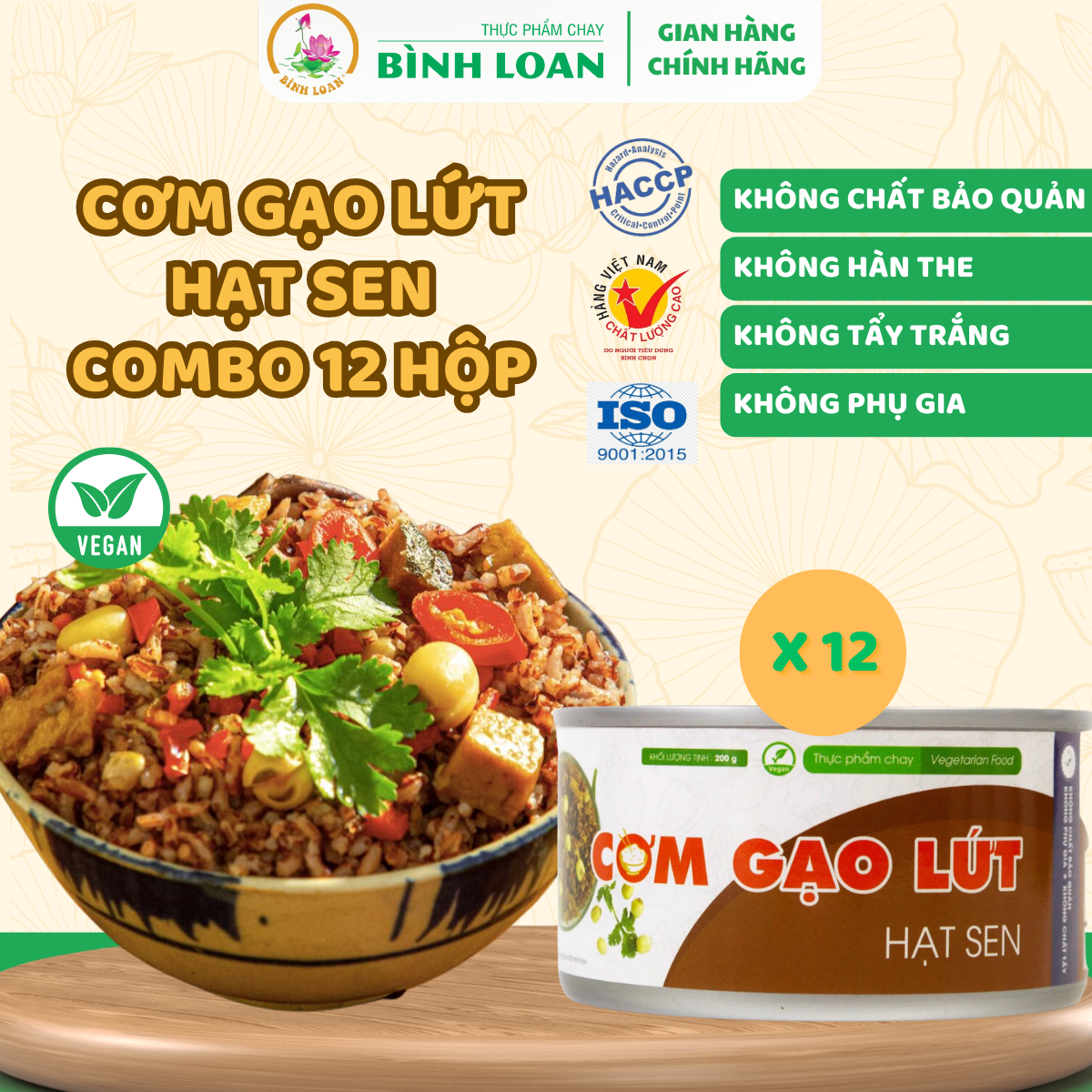Thực phẩm chay bình loan -combo 12 hộp cơm gạo lứt hạt sen