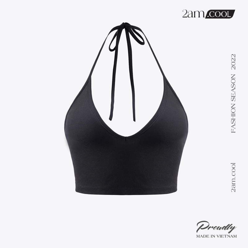 Áo croptop nữ ôm body buộc dây cổ nữ 2 màu trắng đen cotton 4 chiều phiên bản premium chống nhăn 2am