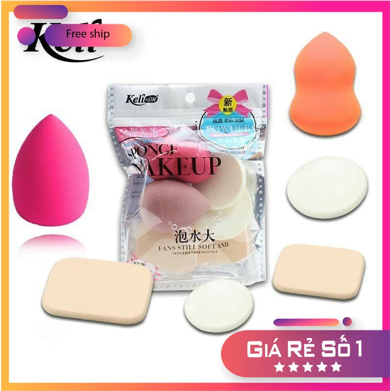 Set 6 bông phấn mút tán trang điểm keli mềm mịn - bông phấn trang điểm keli chuẩn mịn