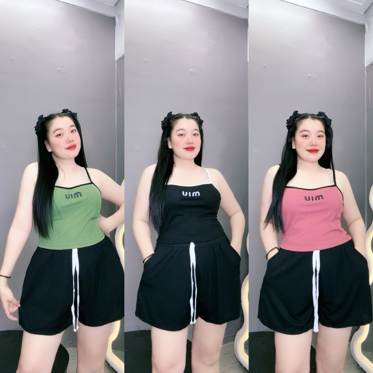 Bộ thun dây kèm quần xoè bigsize, vải gân tăm giản áo thun dây quần SMIU