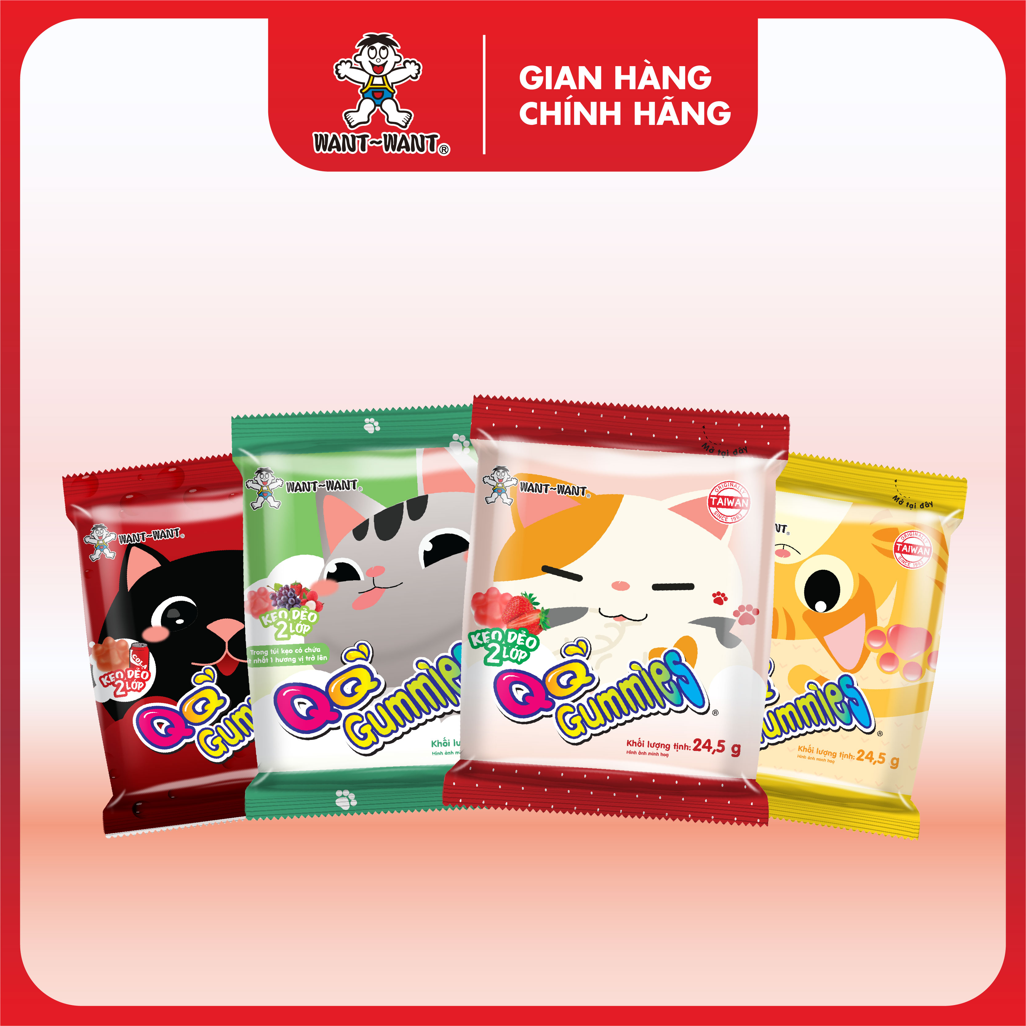  Kẹo Dẻo Want Want QQ Gummies Chân Mèo 2 Lớp Nhiều Vị Gói 24.5g Kẹo Trái Cây Mềm Dẻo Thơm Ngon 