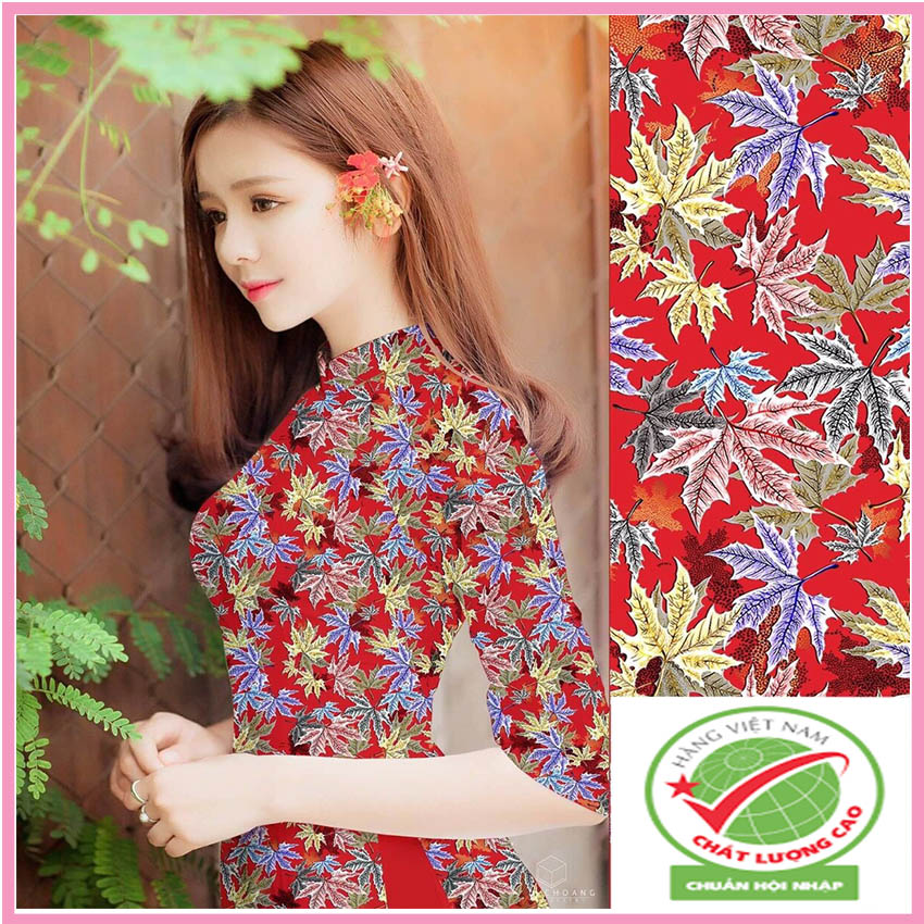 áo dài truyền thống 3D họa tiết lá phong, chất liệu lụa mềm, mát, không nhăn, co giãn nhẹ, phm chuẩn. áo dài cách tân, sét áo dài truyền thống, áo dài, H2style