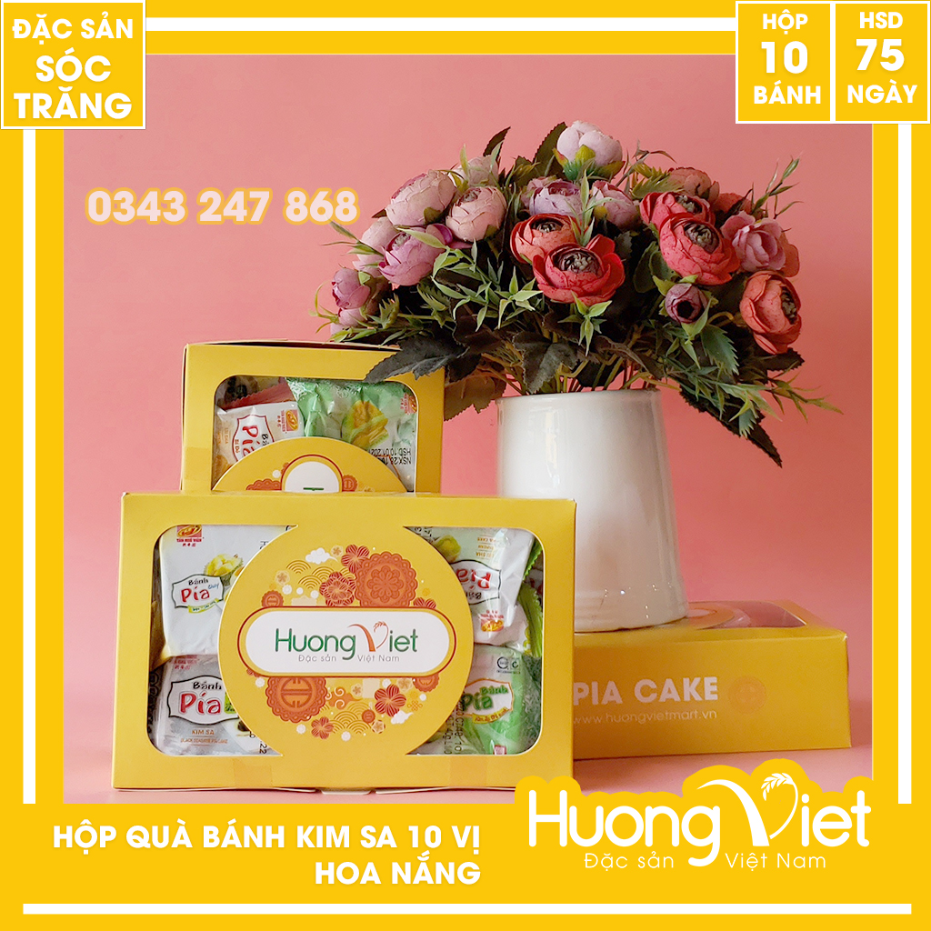 Hộp quà bánh pía kim sa Tân Huê Viên mix 10 bánh 10 vị - hộp Hoa Nắng Tết hộp quà bánh pía Sóc Trăng