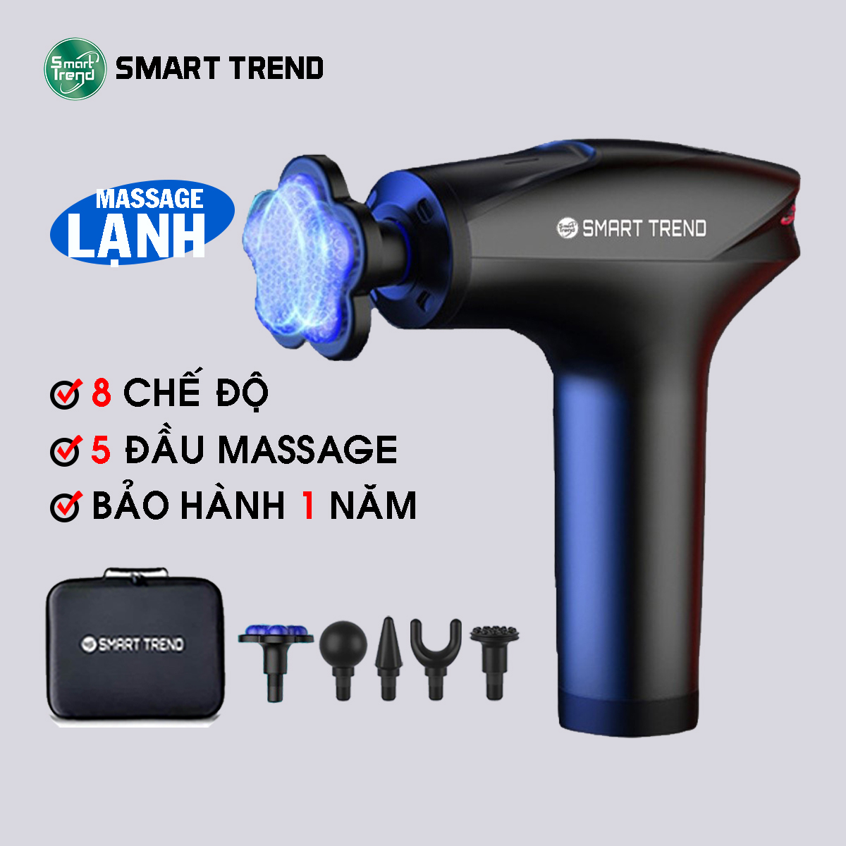 Máy massage cầm tay cao cấp có đầu massage lạnh, 8 chế độ tăng tốc nhanh, 5 đầu mát-xa Smartrend MSTT