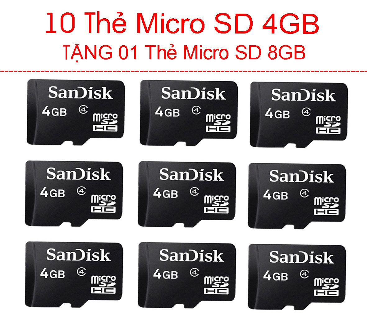 Combo 10 Thẻ Micro SD 4GB Tặng 01 thẻ Micro SD 8GB