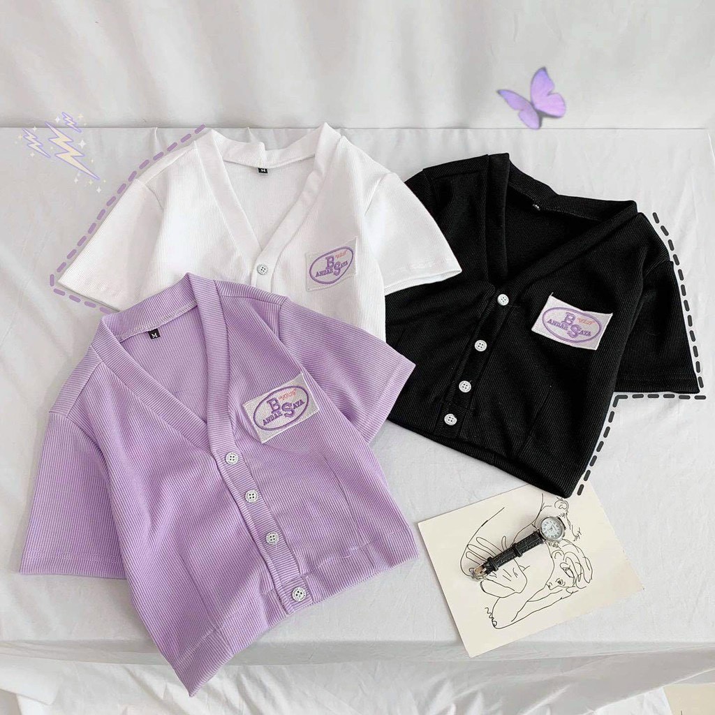 Áo Croptop nữ cổ tim form rộng cài nút chất thun dày dặn, Áo thun nữ kiểu Croptop form rộng cổ tim ngắn tay