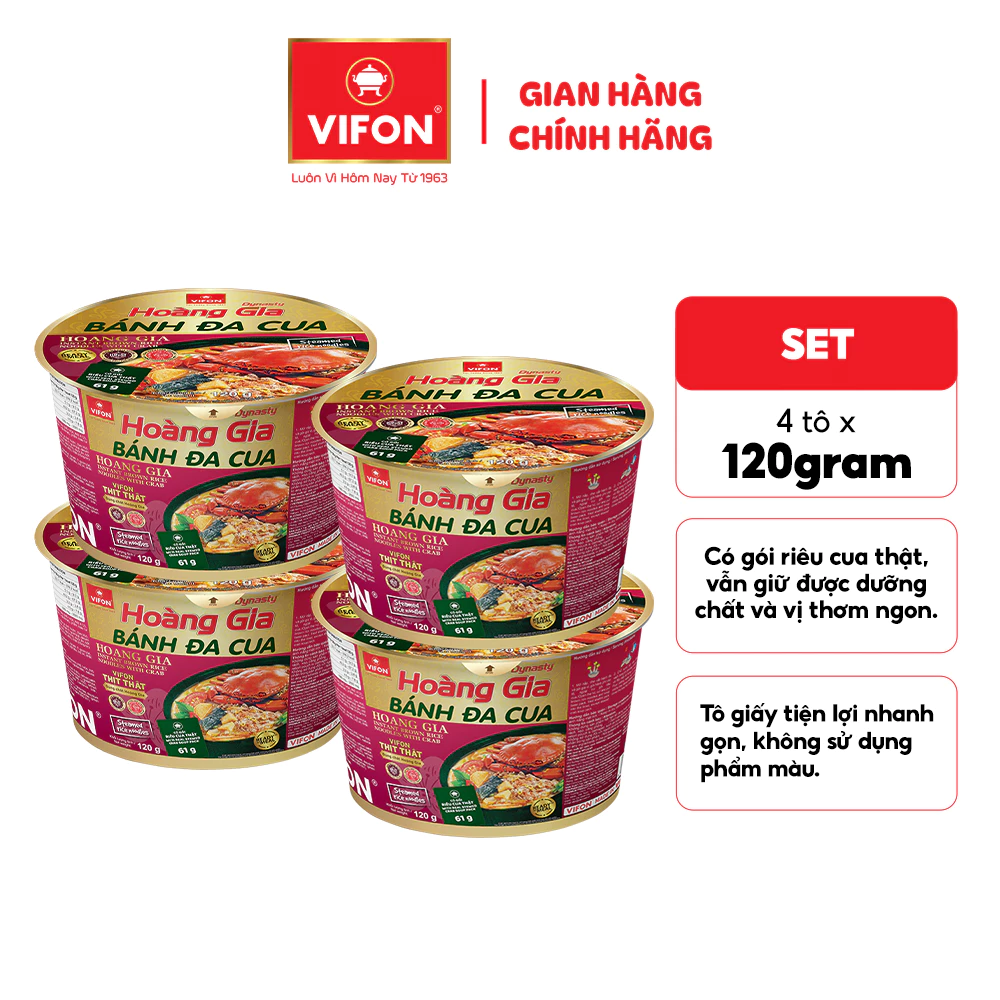 Set 4 Tô/Thùng 12 Tô Bánh Đa Cua Hoàng Gia VIFON 120g Có Túi Riêu Cua Thật Từ Cua Đồng