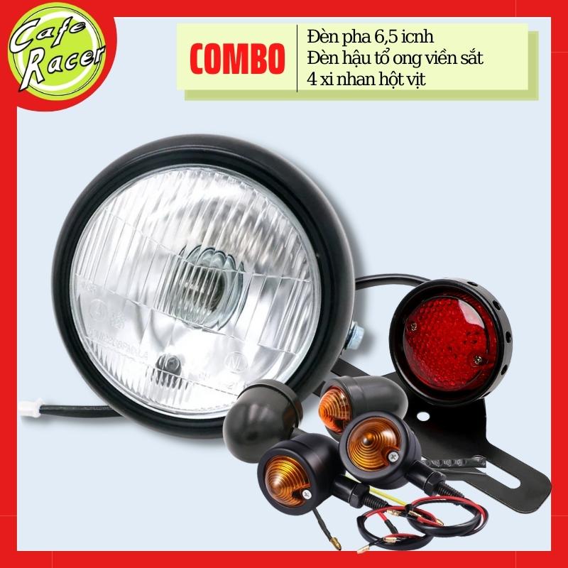 Combo đèn pha tròn gáo sắt sơn đen đường kính 16cm cùng đèn hậu tổ ong viền sắt kèm 4 xi nhan hột vịt