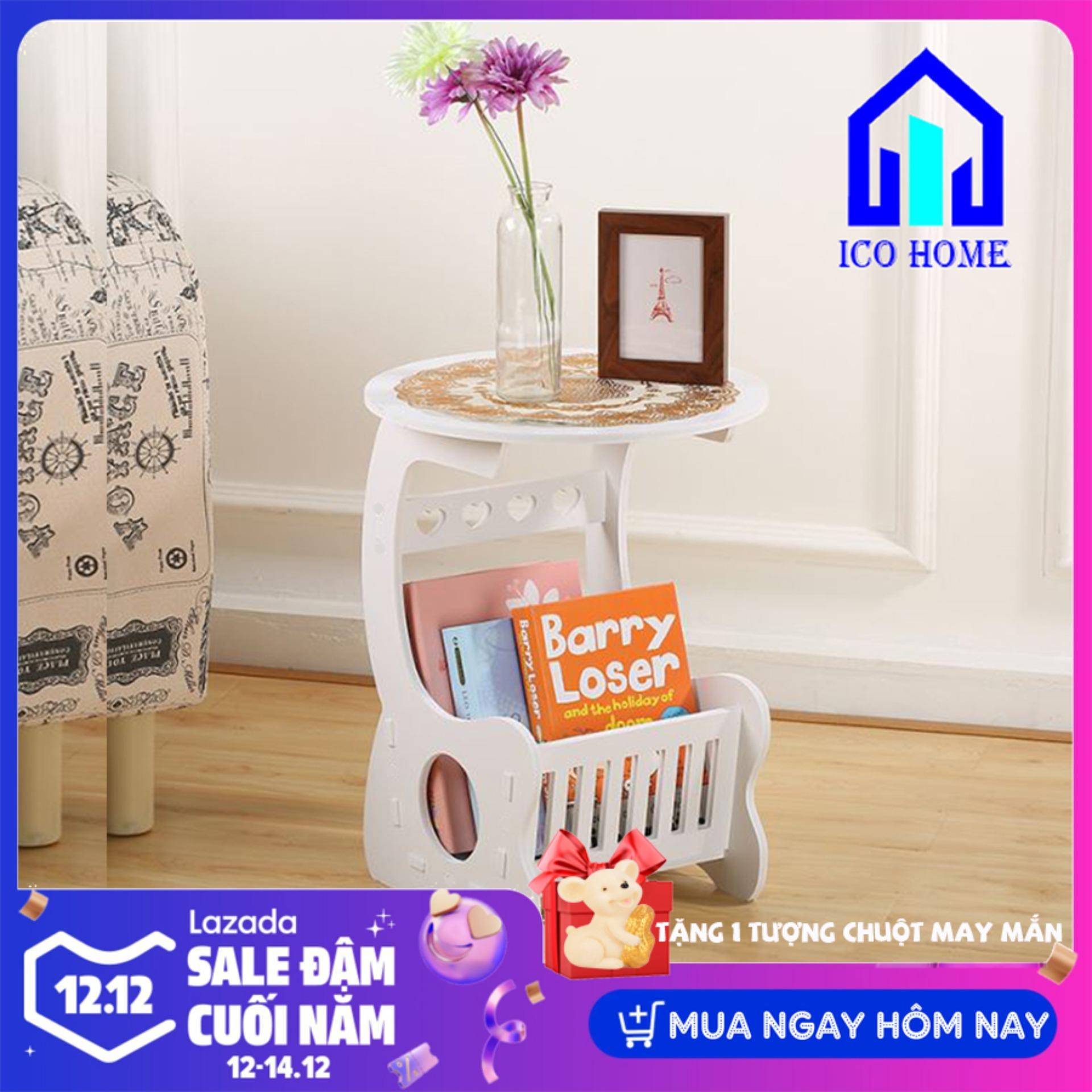 Bàn tròn mini bằng gỗ nhựa pvc Pima bàn tròn để phòng khách văn phòng hoặc dùng làm bàn sofa để đầu giường rất chắc chắn gọn dễ thương của Ico Home - màu trắng sang trọng