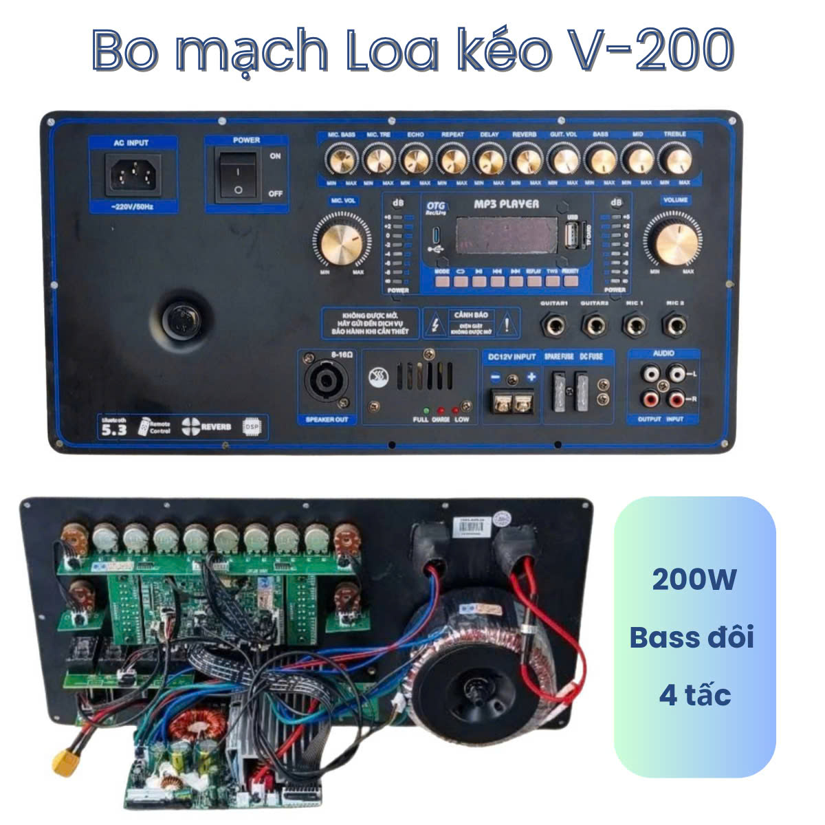 Bo Mạch Loa Kéo Nguồn Xuyến đánh 2 Bass 40 (4 tấc đôi), 5 Tấc đơn Mạnh Mẽ có Echo Reverb, đèn led theo nhạc V200 kích thước 19 * 38