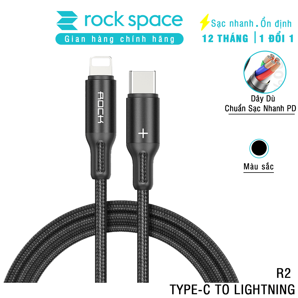 Dây cáp sạc ROCKSPACE dây dù R2 chuẩn sạc nhanh PD đầu Type-C to Lightning dành cho iphone, Samsung, Oppo Huawei