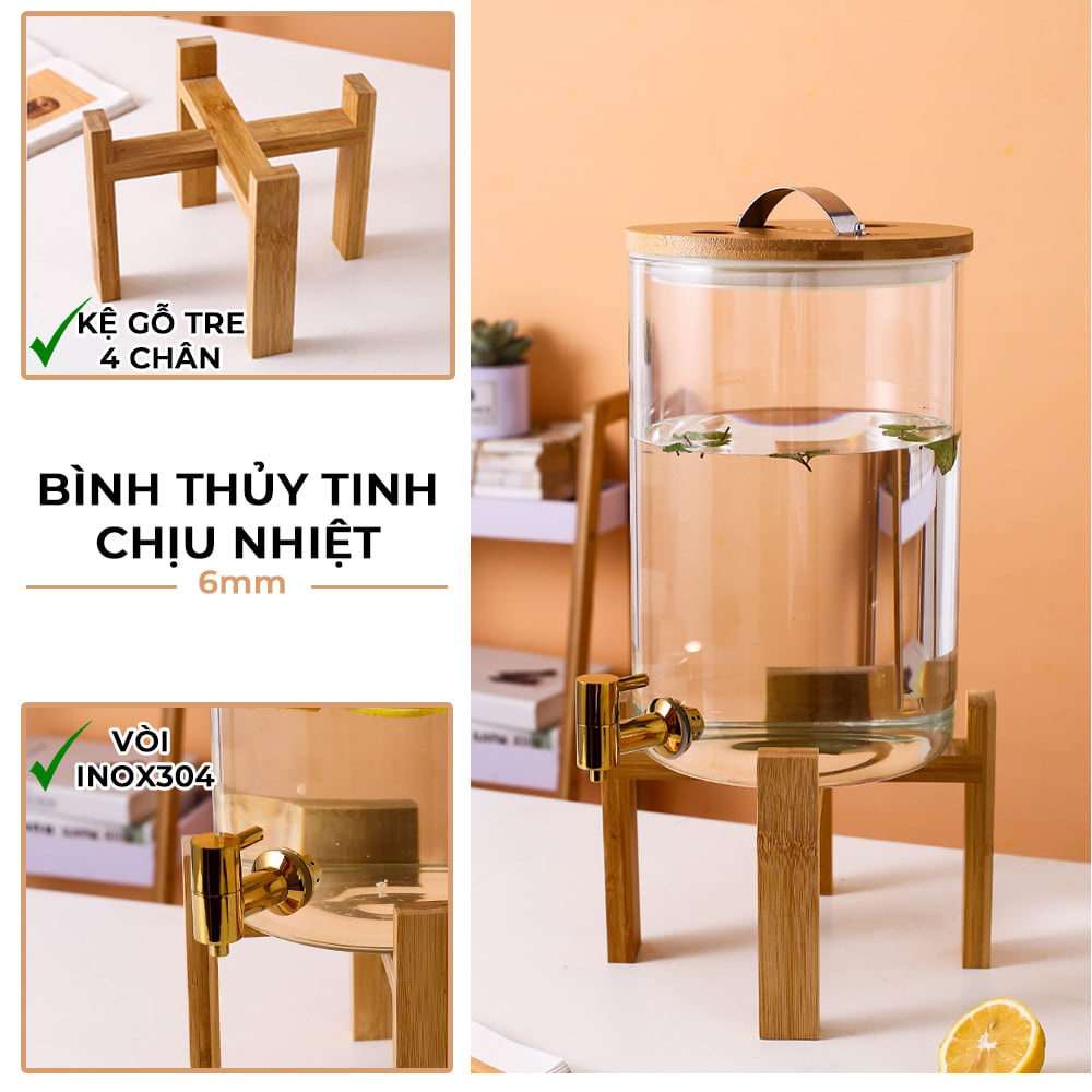 Bình thủy tinh đựng nước có vòi , Bình nước lọc tiện lợi, Bình thủy tinh cao cấp đựng rượu có vòi rót , CHỊU NHIỆT TỐT