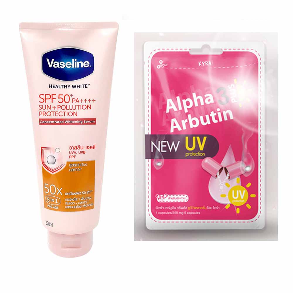 Combo Sữa Dưỡng da Vaseline 50x 320ml chống nắng và Vĩ 10 viên Kích Trắng Alpha Arbutin UV mới Thái Lan