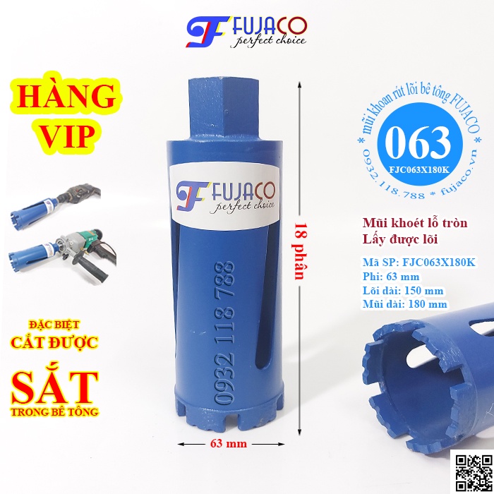 Mũi khoan rút lõi bê tông khô phi 63 x 180 mm fujaco mũi khoét lỗ chuyên cho thợ điện lạnh lắp điều hòa tốt fjc063x180k
