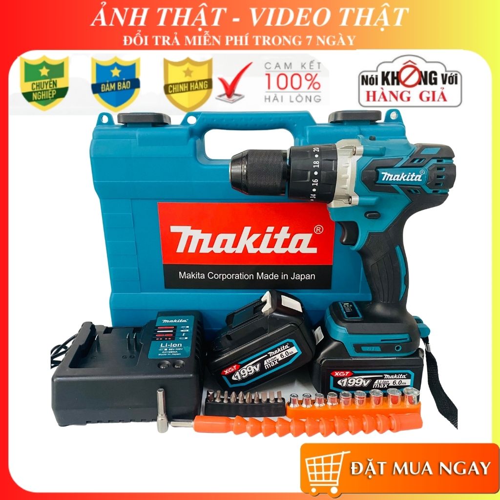Máy khoan Pin Makita 199V Không chổi than - Máy bắn vít Makita tặng kèm Bộ phụ kiện cao cấp