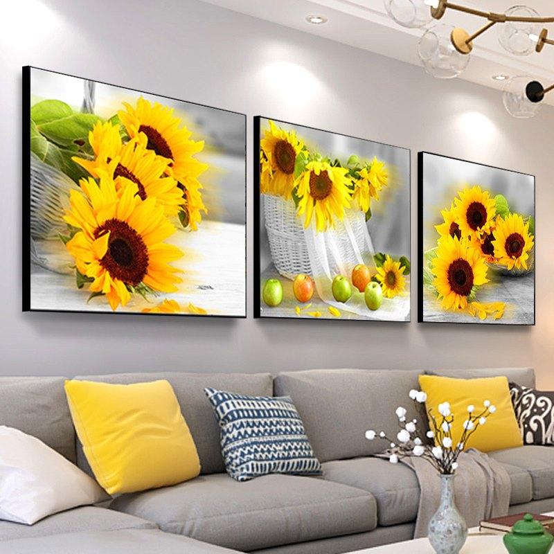Tranh đồng hồ, tranh treo tường 3 bức hoa hướng dương, tranh phủ gương NT105