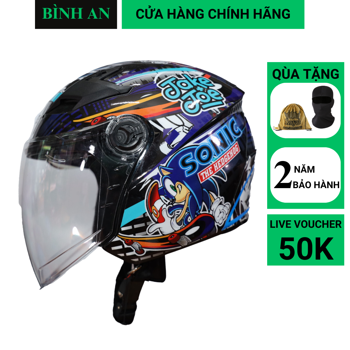 Mũ bảo hiểm 3/4 royal m268 2 kính lên tem sonic - hoangtrongstore