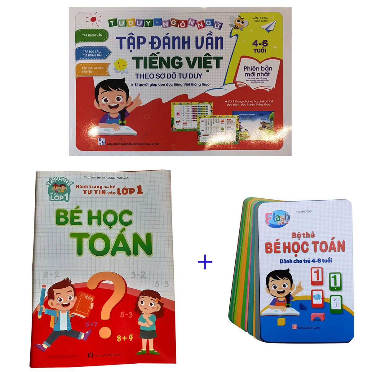 Combo sách tập đánh vần tiếng việt + bé học toán + bộ thẻ flashcard bé học toán