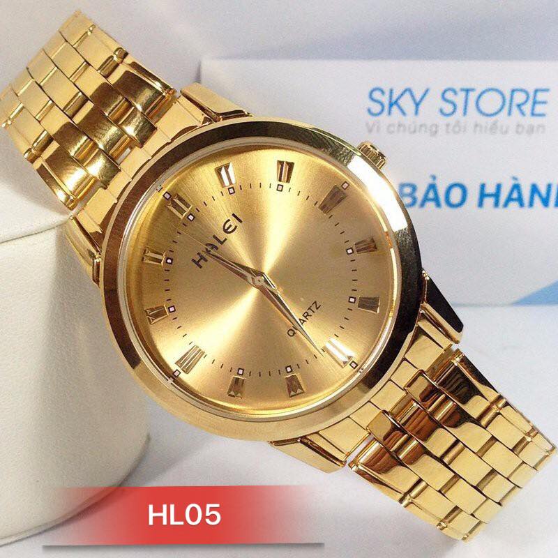đồng hồ nam nữ halei dây vàng mặt trắng chống nước chống xước L05