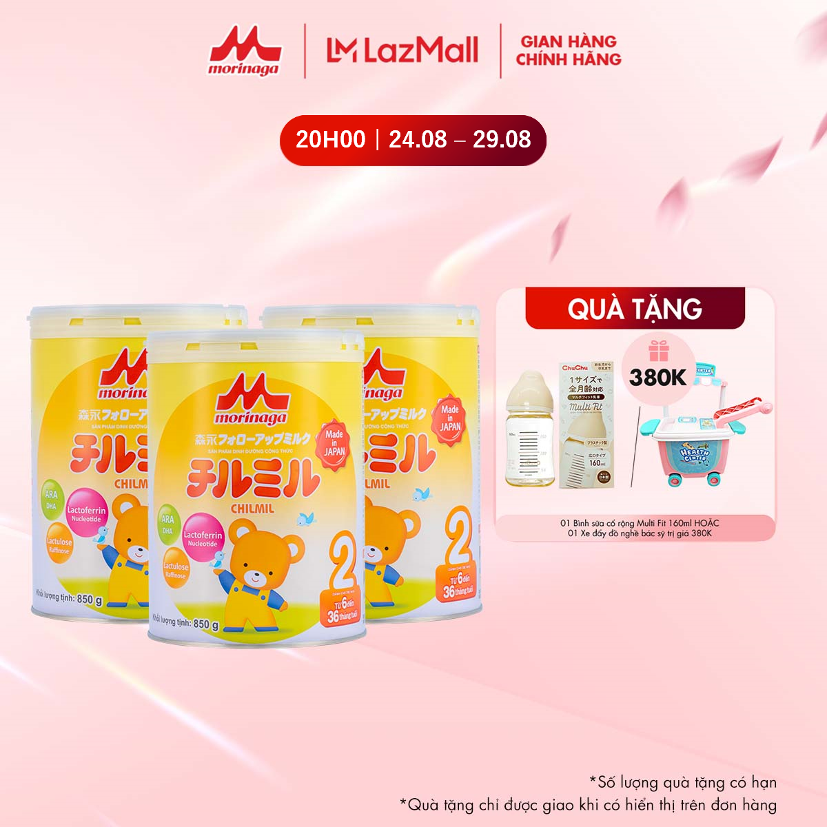 Combo 3 lon sữa morinaga chilmil số 2 nhật bản 850g tăng sức đề kháng, dha, ca từ 6-36 tháng chính hãng