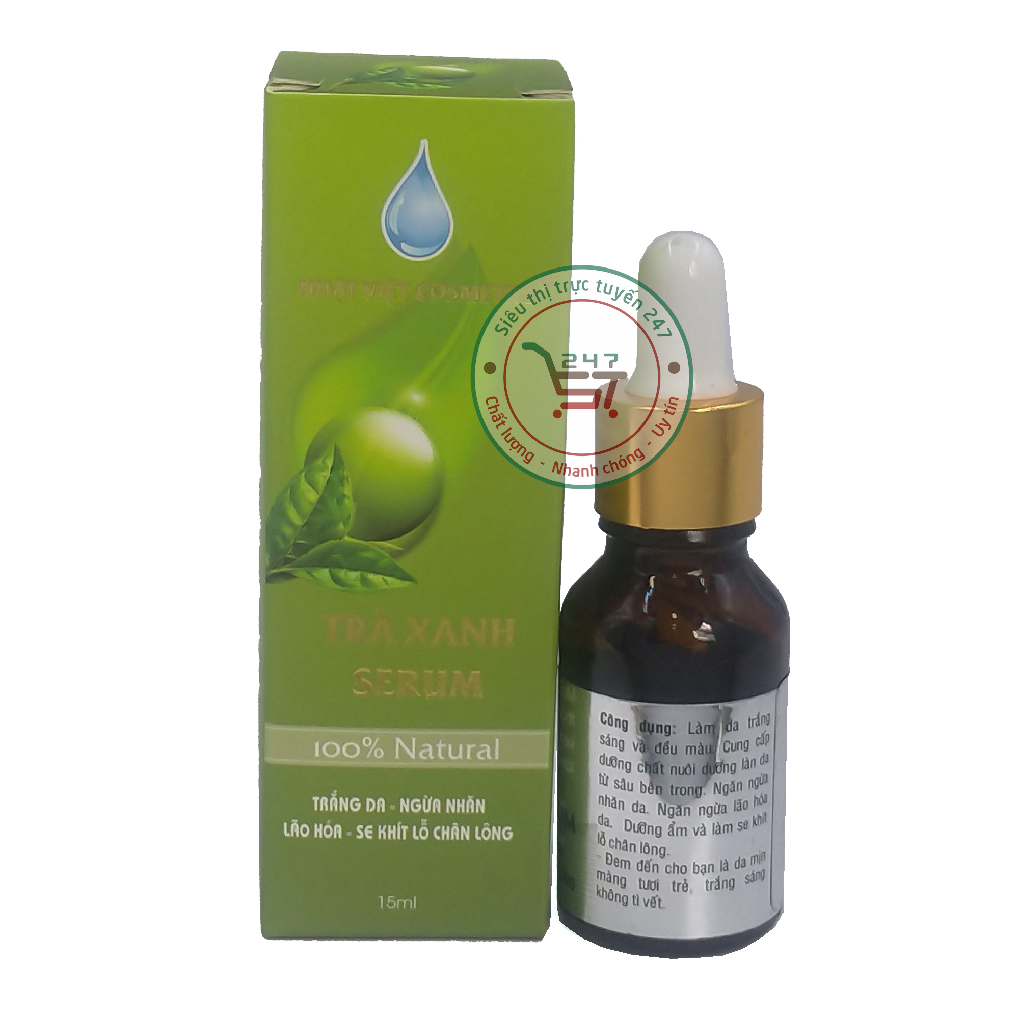 Serum trắng da Ngừa nhăn Lão hóa Se khít lỗ chân lông Trà xanh Nhật Việt 15ml (Xanh nhạt)