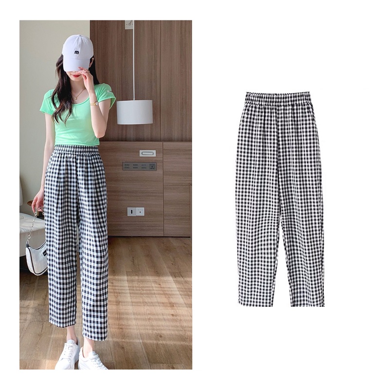 Quần baggy nữ lưng chun kẻ caro đen trắng trẻ trung