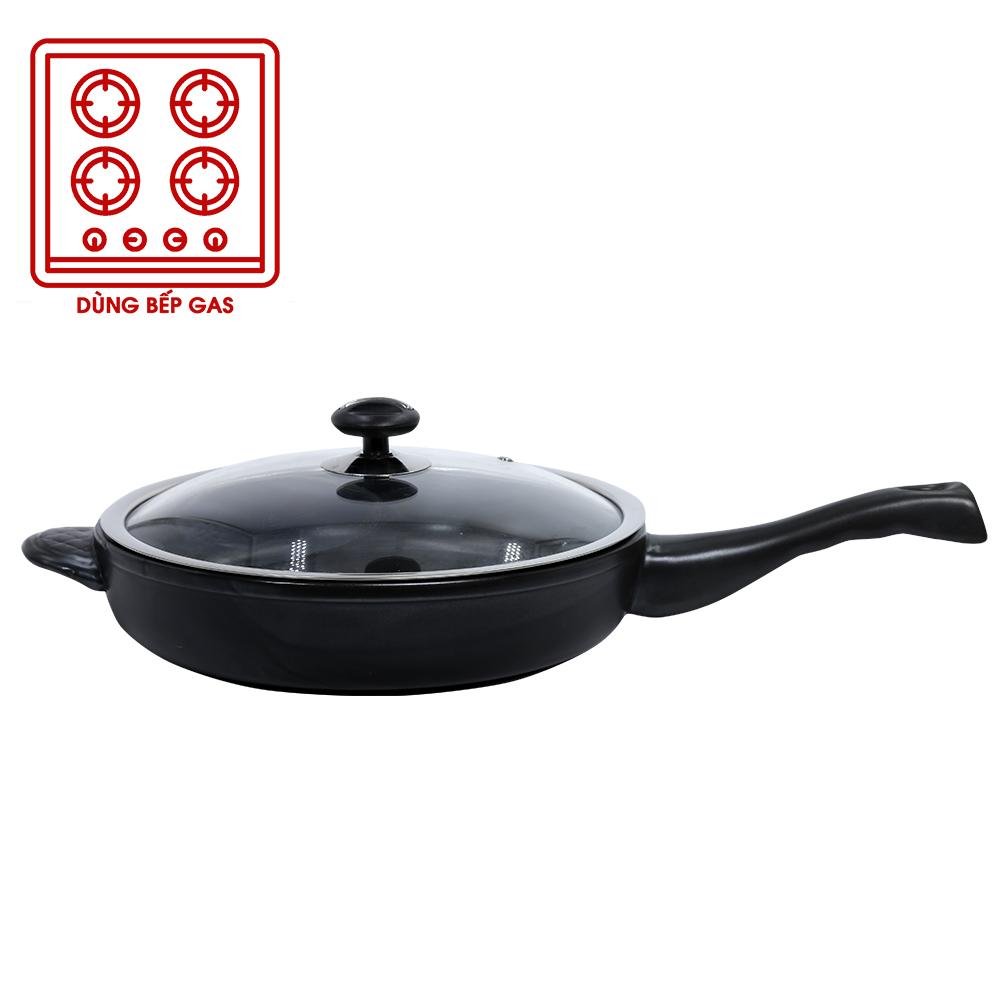 Chảo sứ tròn royalcooks 30cm nắp thuỷ tinh- màu đen