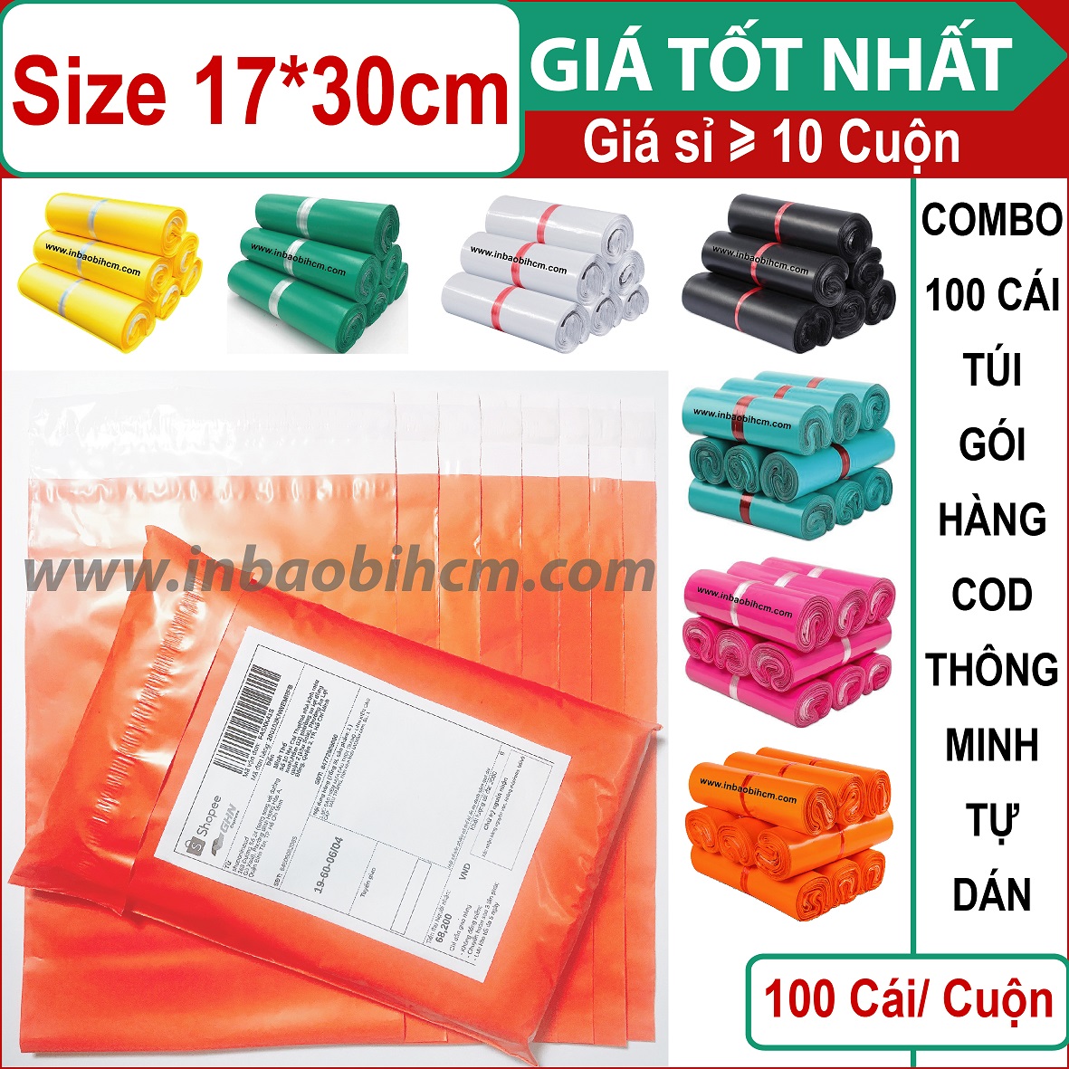 [HCM]100 cái túi đóng hàng COD 17x30cm thông minh tự dán - Màu cam