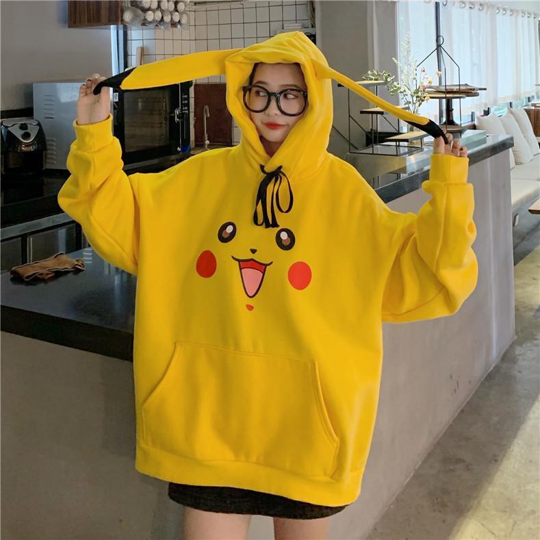 ÁO NỈ HOODIE PIKACHU NÓN CÓ TAI DÀI SIÊU CUTE FORM RỘNG OVERSIZE CHO TEAM CÁ TÍNH TTT