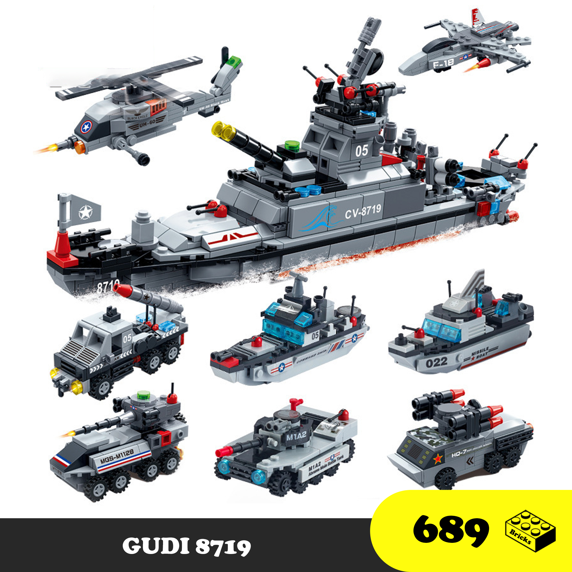 Đồ chơi Lego xếp hình tàu chiến bộ 8 hộp, GUDI 8719 quân sự Hoa Kỳ, Xếp hình thông minh thuyền quân sự [689 Mảnh ghép]