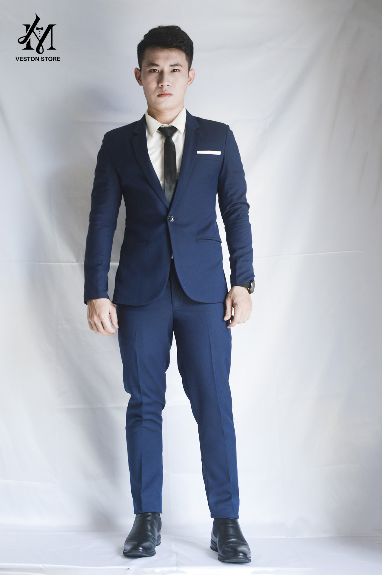 [HCM]Bộ vest nam ôm body màu xanh đen mỏng tặng kèm combo phụ kiện