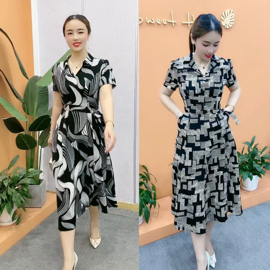 Đầm trung niên cho mẹ cổ VEST vải Mango Cao Cấp