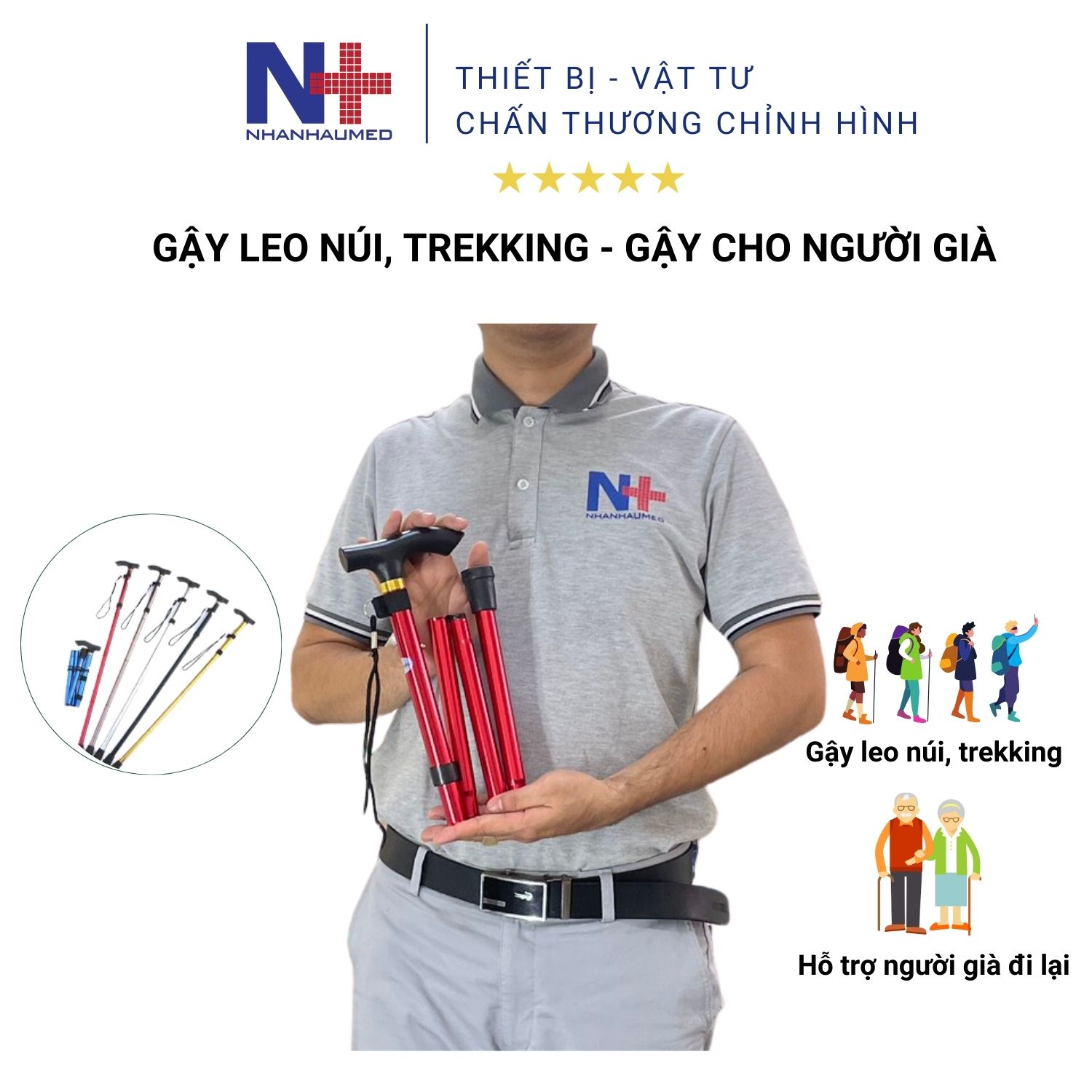 Gậy Leo Núi Trekking Gấp Gọn Chống Trơn Trượt Khi Đi Bộ Hoặc Làm Gậy Chống Cho Người Già- Gậy Gấp Gọn