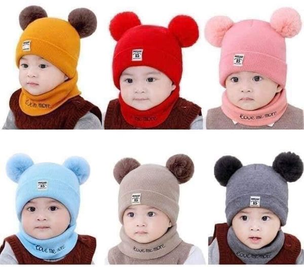 Mũ len trẻ em, mũ len em bé 2 cục bông KÈM khăn quàng cổ cho bé dưới 3 tuổi