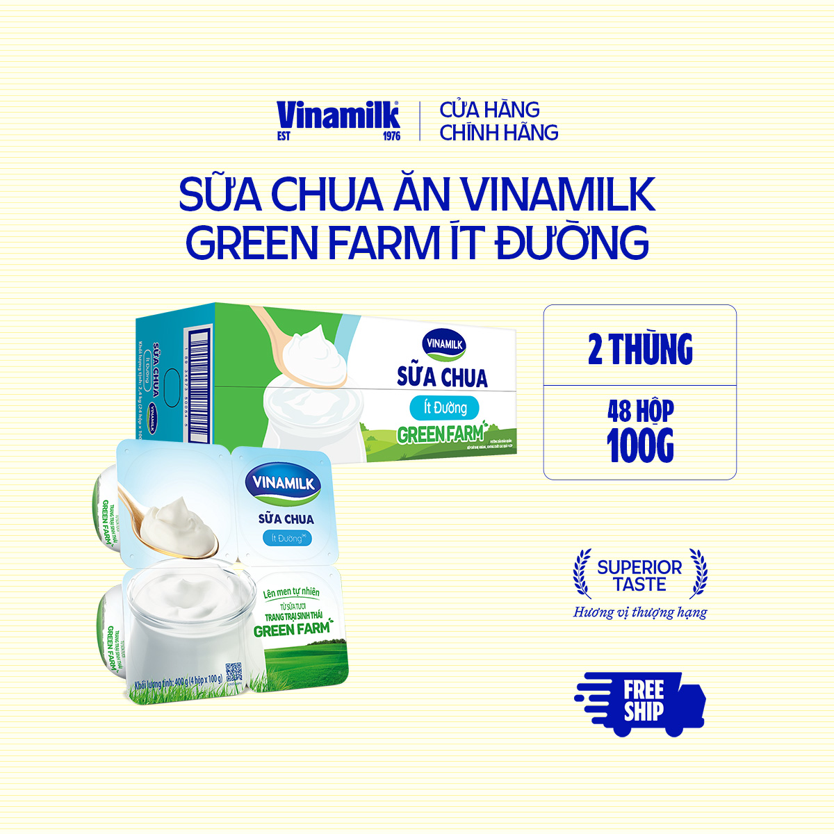 2 Thùng Sữa chua ăn Vinamilk Love Yogurt Green Farm Ít Đường Hộp 100g 24 hộp/thùng