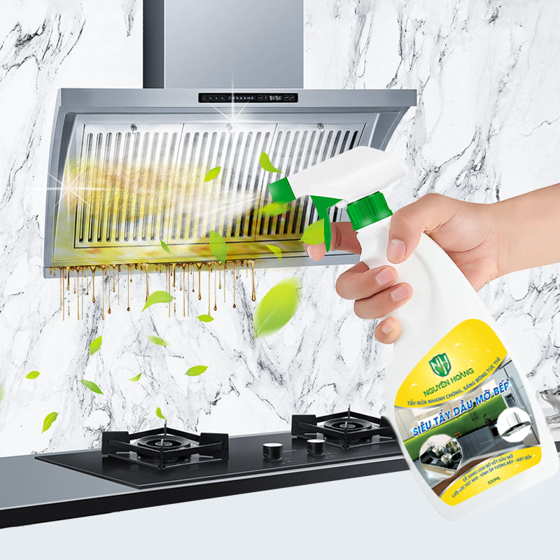 Tẩy dầu mỡ nhà bếp Nguyên Hoàng làm sạch máy hút mùi, mặt bếp, tường gạch ốp, chậu rửa bát an toàn, tiện lợi, hiệu quả 500ml