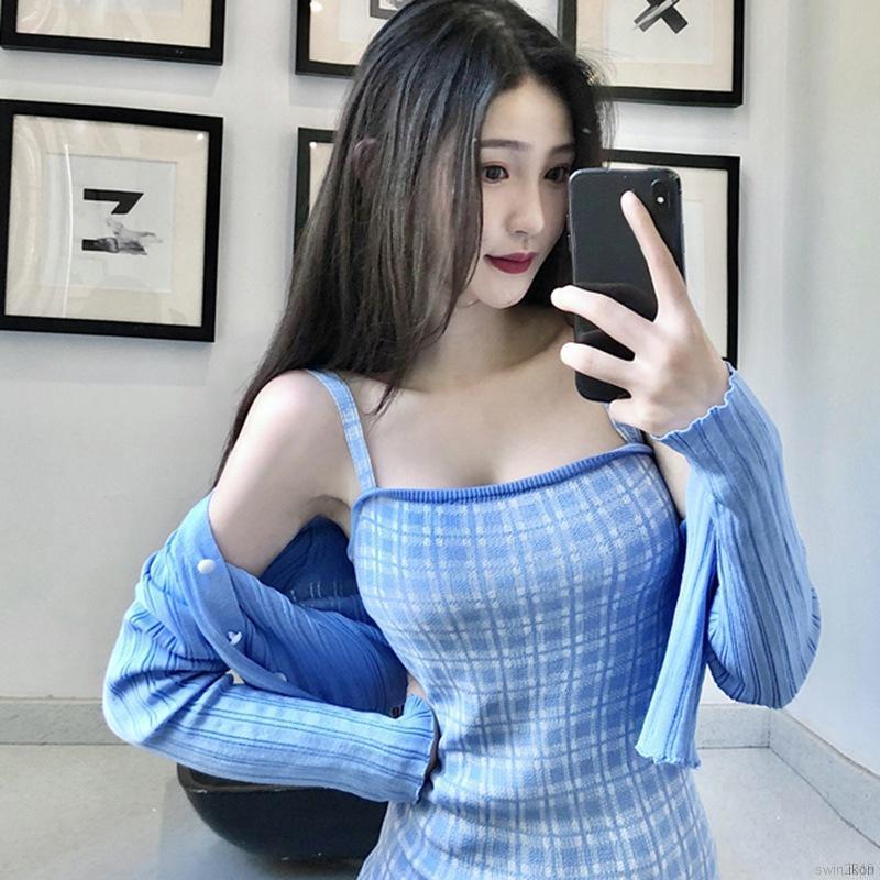 Áo Croptop Dệt Kim Tay Dài Phối Nút Thiết Kế Cổ Chữ V Quyến Rũ