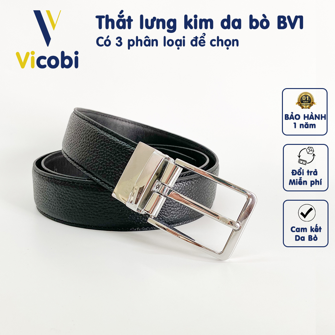 Thắt lưng Nam Da Bò Vicobi BV1, dây lưng khoá BẠC VUÔNG 3,3cm dùng cho quần vải, quần bò, made in VietNam