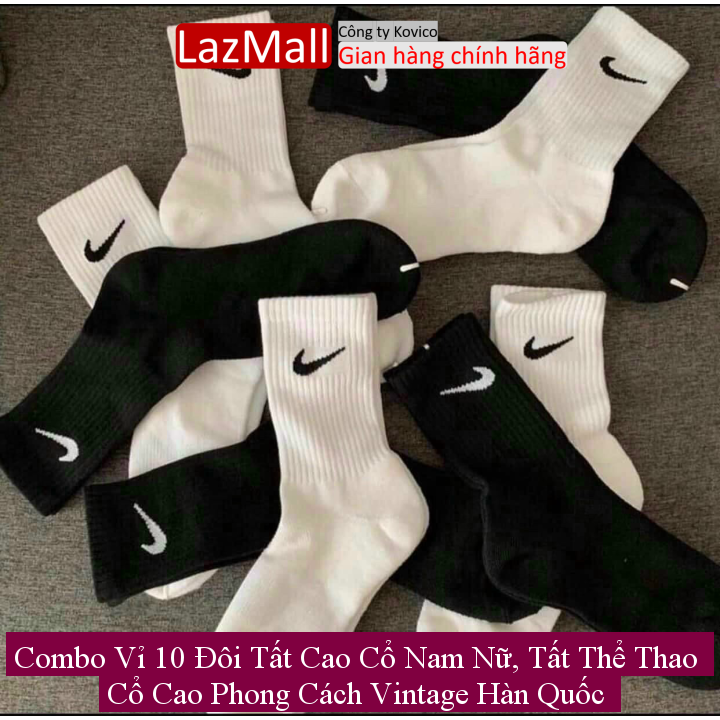 Combo vỉ 10 đôi tất cao cổ nam nữ, tất thể thao cổ cao phong cách vintage hàn quốc