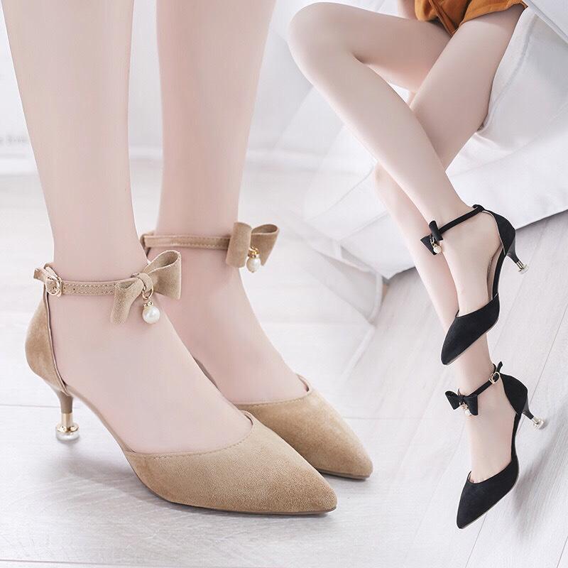 Giày Cao Gót Bít Mũi Nơ Cổ Chân 7p ST